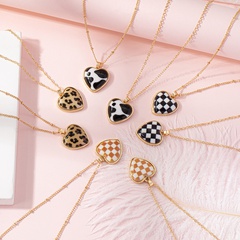 new peach heart checkerboard leopard texture alloy necklace