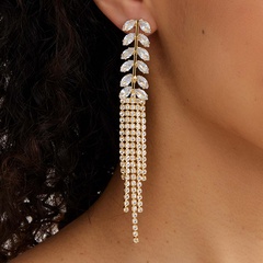 Copper electroplating 18K gold inlaid with rhinestones branches leaves tassel long earrings