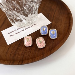 fashion oil drop square opal flower alloy stud earrings