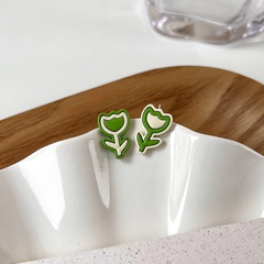 fashion cute asymmetric green flower alloy stud earrings