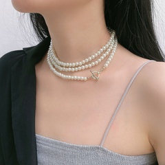 retro long pearl chain multi-layer OT buckle necklace