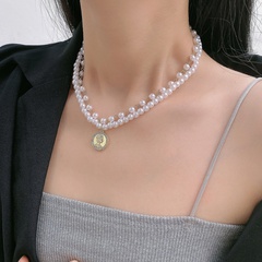 retro double layer pearl portrait coin pendant necklace