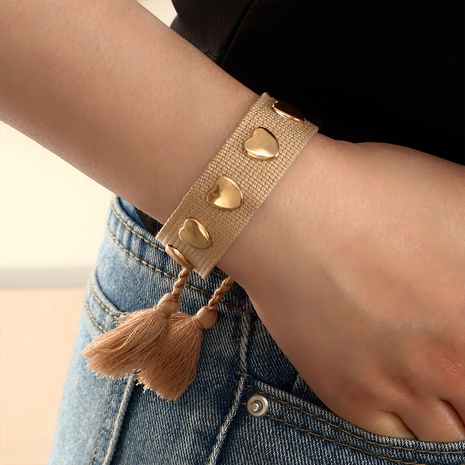 fashion simple solid color woven ribbon heart-shaped metal bracelet's discount tags