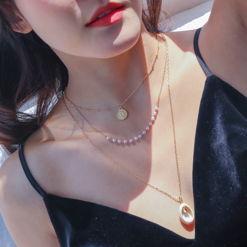 retro portrait pendant handmade pearl chain shell multilayer necklace