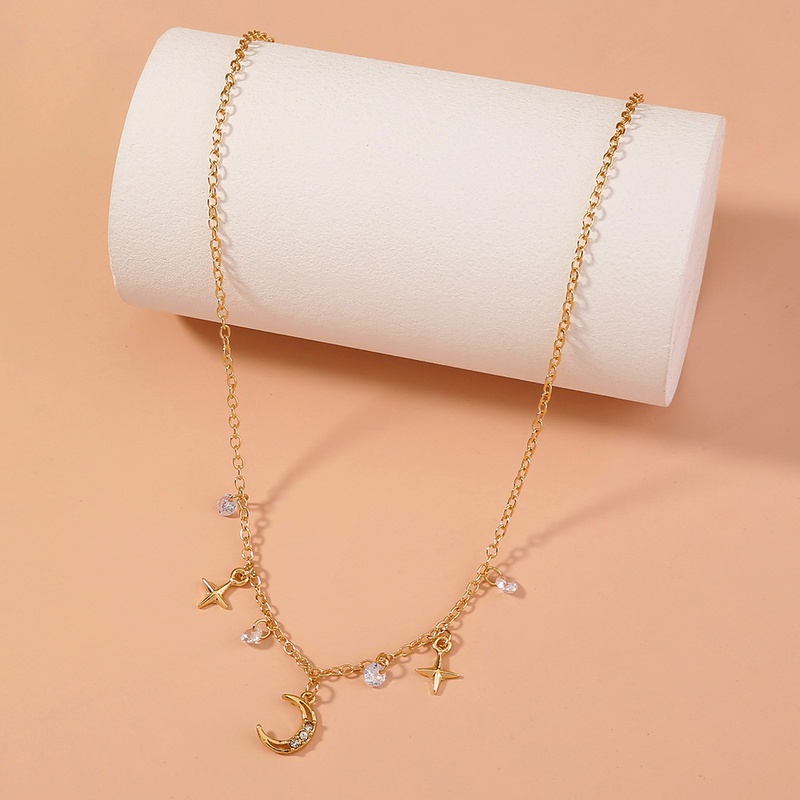simple inlaid rhinestone moon star tassel necklace