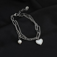 fashion simple heart-shaped double layered titanium steel pearl bracelet