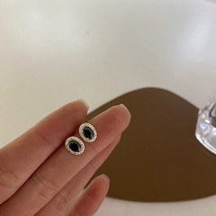 simple black oval inlaid rhinestone stud earrings