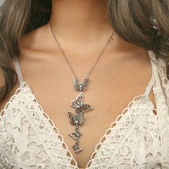 retro fashion geometric butterfly hollow alloy diamond pendant long necklace