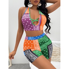 2022 new print halter neck sleeveless top shorts two-piece suit