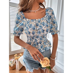2022 spring and summer new floral printed square neck short-sleeved top