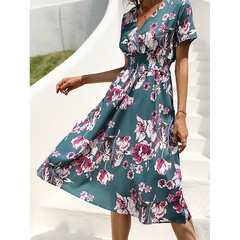 2022 spring and summer new flower printed V-neck short-sleeved dress