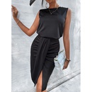 2022 new solid color round neck sleeveless slit skirt top twopiece setpicture7