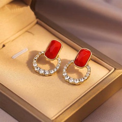 Korean style geometric hollowed square red inlaid zircon alloy stud earrings