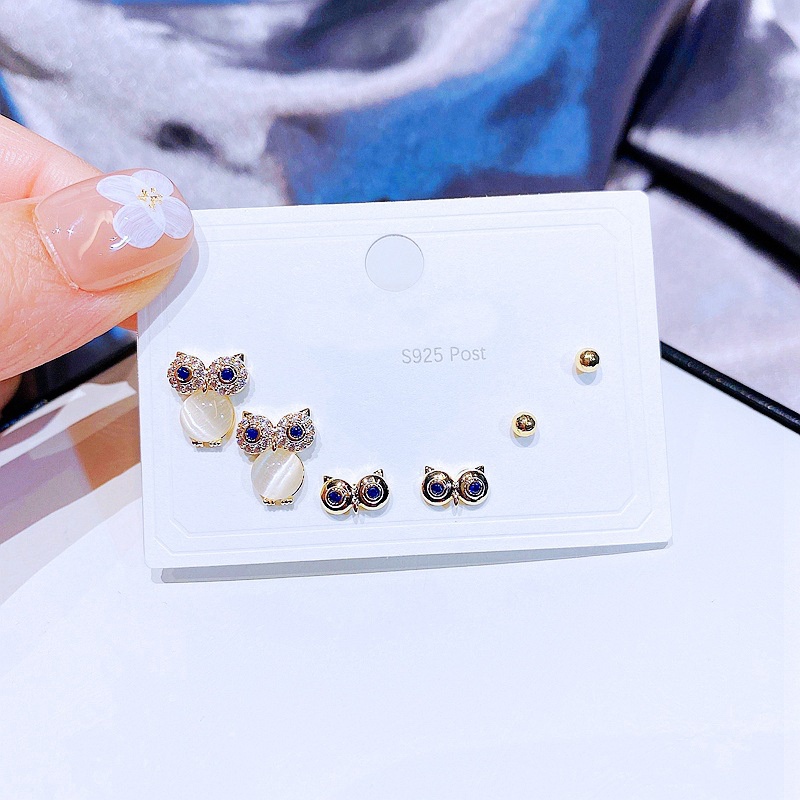 YAKEMIYOU Three Pairs Fashion Opal Zircon Owl Small Copper Stud Earrings Set