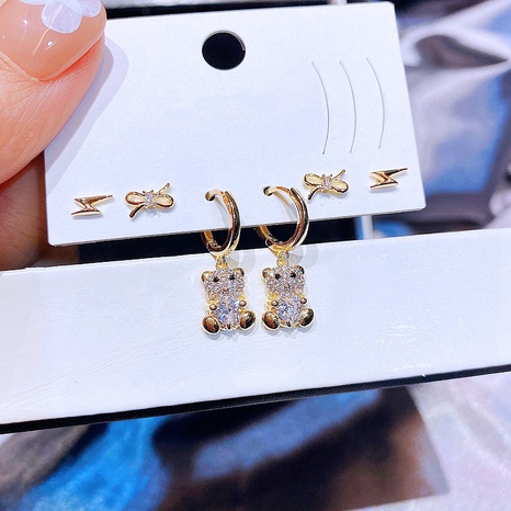 YAKEMIYOU New fashion earrings three pairs sweet bow bear copper ear studs set's discount tags