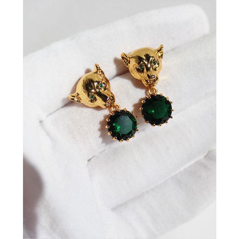 exaggerated animal leopard head inlaid green zircon copper stud earrings