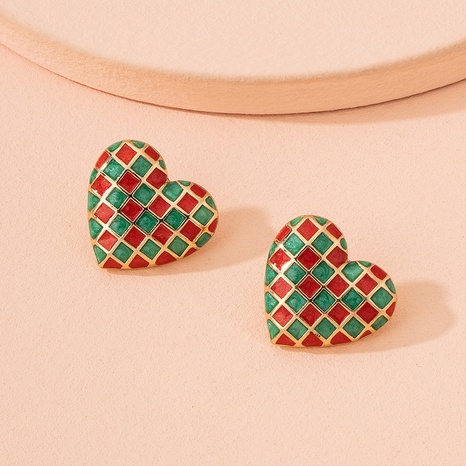 fashion drop oil checkerboard heart stud earrings's discount tags