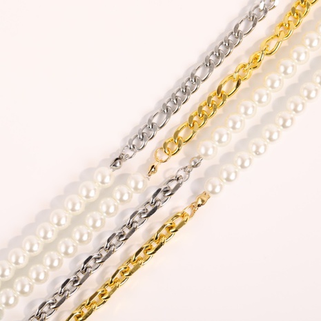 simple asymmetric pearl stitching stainless steel chain necklace's discount tags