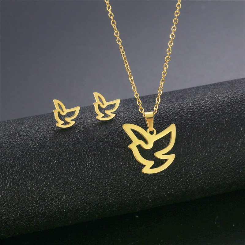 fashion simple bird pendant stainless steel necklace earrings set