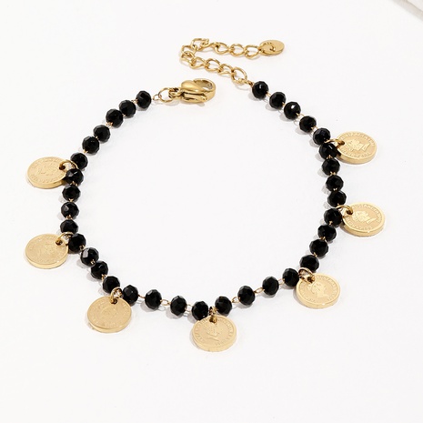 Titanium Steel Plated 14K Gold Simple Round Head Black Beads Bracelet's discount tags