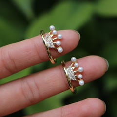 retro open female simple pearl zircon crown fashion copper ring