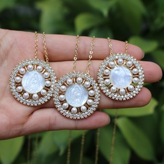 bijoux creux rond perle incrusté de zircon blanc coquille catholique pendentif clavicule chaîne