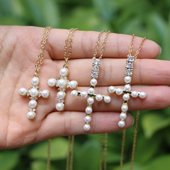 simple copper gold-plated inlaid zircon cross pearl pendant necklace wholesale