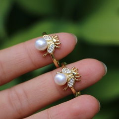 micro-encrusted zircon insect freshwater pearl copper ring fashion jewelry wholesale