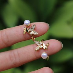 New fashion women's new adjustable open diamond butterfly pearl crystal copper ring