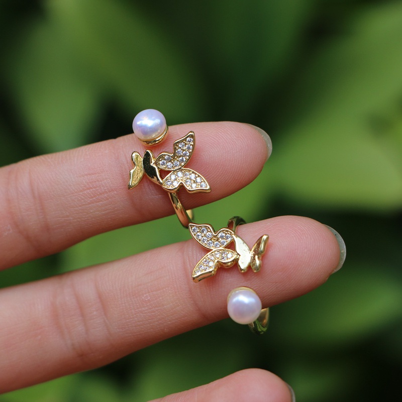 New fashion womens new adjustable open diamond butterfly pearl crystal copper ring