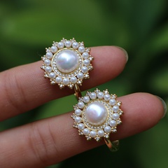 fashion flower female inlaid zircon open elegant pearl copper ring