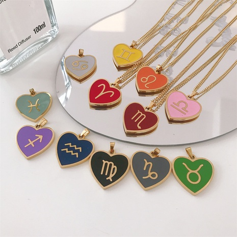 fashion twelve constellation heart-shaped titanium steel rune pendant necklace NHJIF662194's discount tags