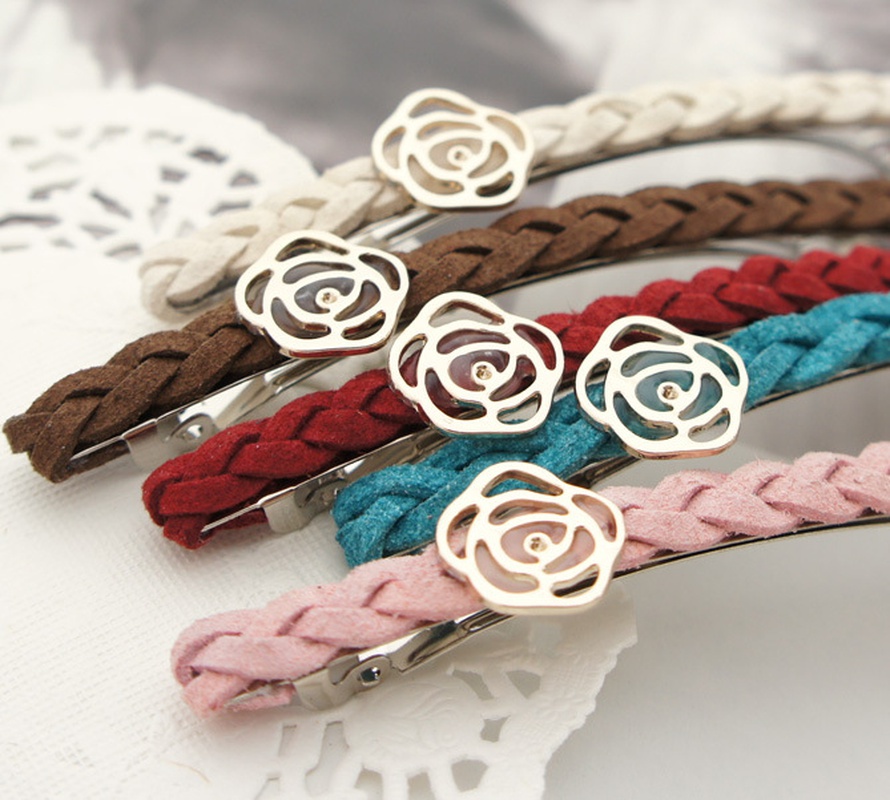 fashion rose handwoven leather hairpin female infrared simple alloy clip