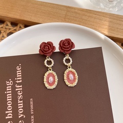 retro baroque diamond pearl red camellia oil drop gem drop earrings wholesale