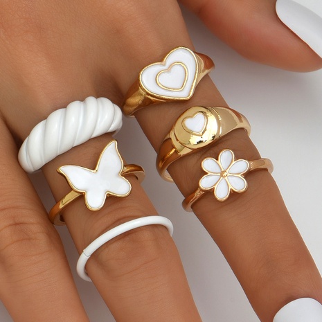 Fashionable dripping oil butterfly heart shaped flower alloy ring set women's NHAJ662323's discount tags