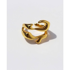 Brass real gold plated smooth wide hollow geometric fashionable opening adjustable copper ring