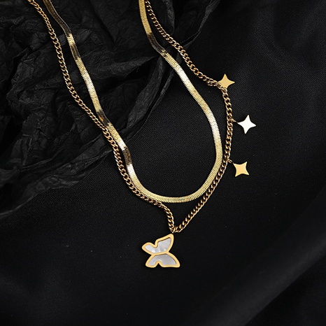 fashion double-layered chain butterfly inlaid white pearl titanium steel clavicle chain's discount tags