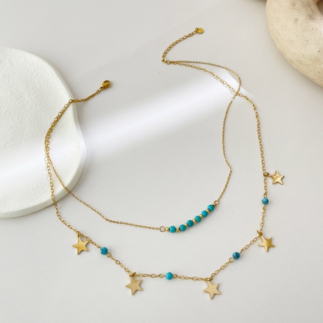 fashion star double-layer natural turquoise stainless steel necklace wholesale NHLIH666251's discount tags