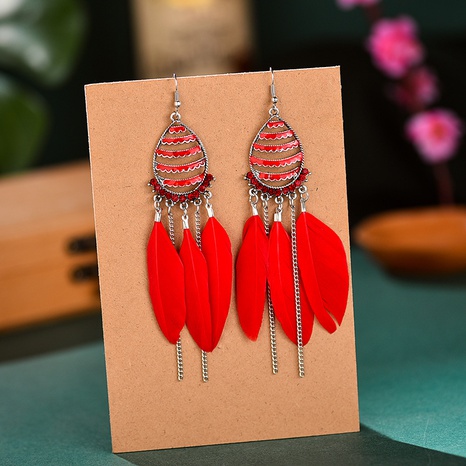 ethnic feather drop-shaped point drill tassel drop earrings's discount tags