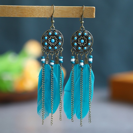 Round flower painting oil beads long chain feather earrings female's discount tags