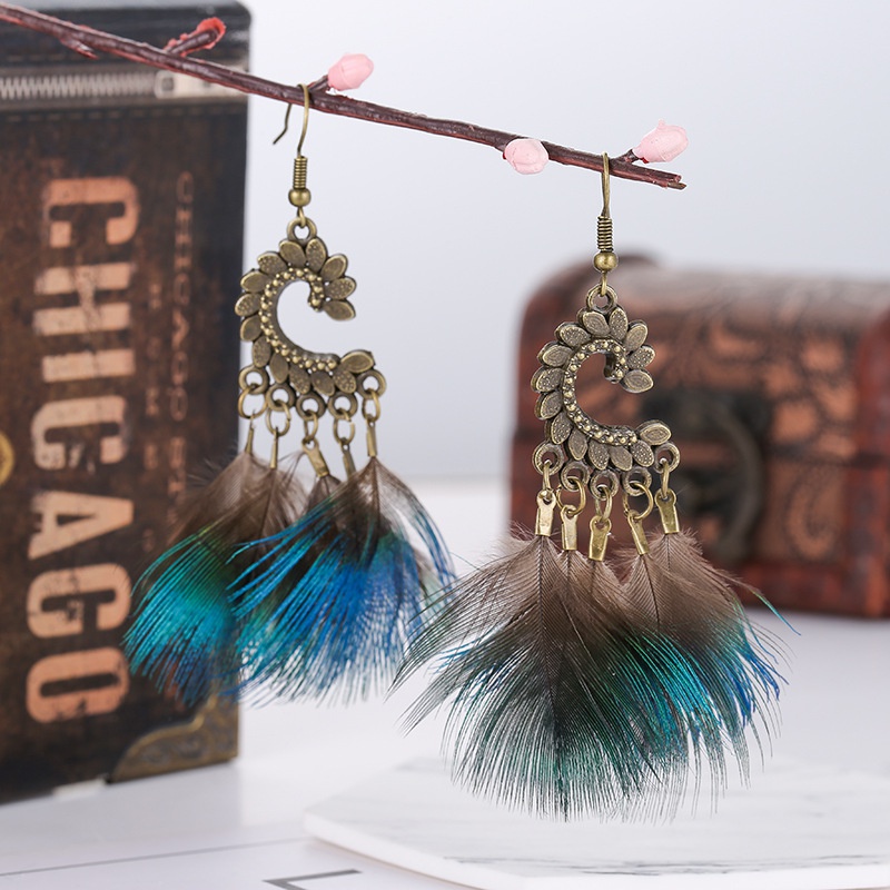 retro winged bird feather peacock tassel earrings fashion jewelry