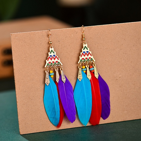 vintage contrast color triangle feather long alloy tassel earrings wholesale's discount tags