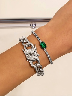 fashion double layered chain simple bracelet green gem alloy bracelet