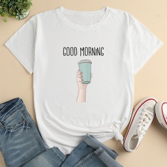 Letter Water Cup Print Ladies Loose Casual T-Shirt