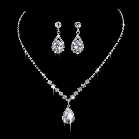 Bright full diamond zircon water drop necklace earrings bride wedding jewelry set's discount tags