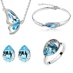 fashion butterfly crystal full diamond necklace ear stud ring bracelet four-piece set
