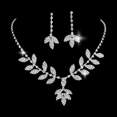 fashion diamond-encrusted leaf earrings necklace two-piece rhinestone set