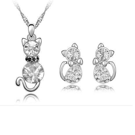 wholesale simple cat alloy crystal ear stud necklace set's discount tags