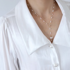 fashion butterfly long pearl tassel titanium steel 18K Gold necklace