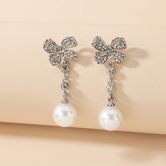 korean style inlaid pearl rhinestone bow shaped tassel alloy drop earrings wholesale